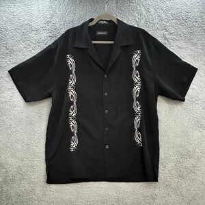 Perruzo Mens XL Black Tribal Embroidered Short Sleeve Button Up Shirt Y2K Style
